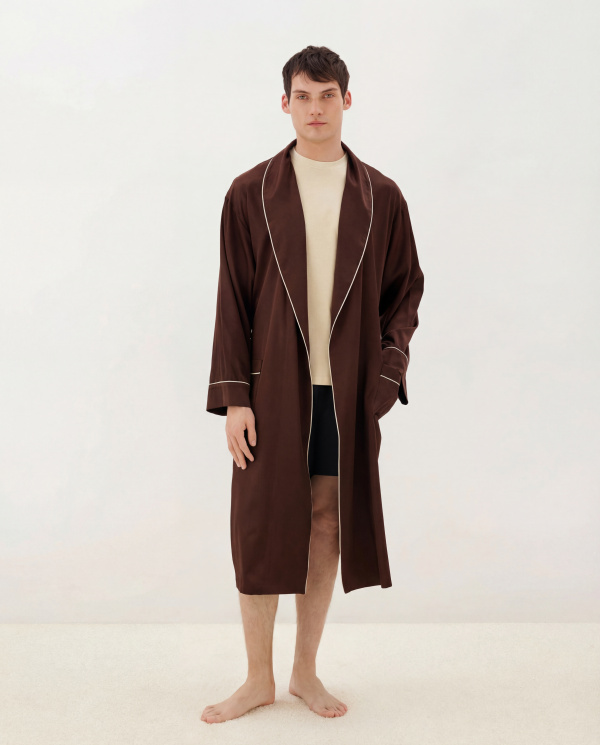 Шелковый мужской халат, цвет коричневый